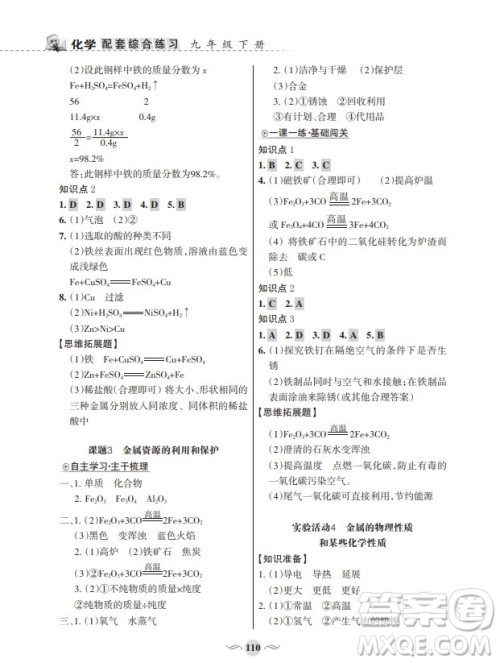 甘肃文化出版社2024年春配套综合练习九年级化学下册人教版参考答案 甘肃文化出版社2024年春配套综合练习九年级化学下册人教版参考答案