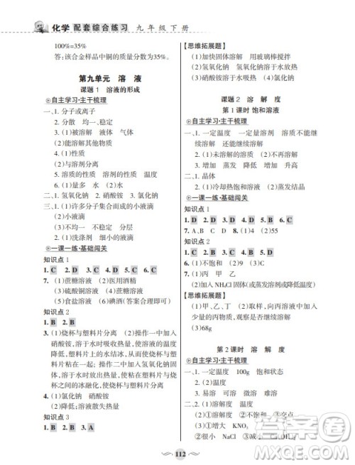 甘肃文化出版社2024年春配套综合练习九年级化学下册人教版参考答案 甘肃文化出版社2024年春配套综合练习九年级化学下册人教版参考答案