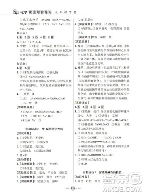 甘肃文化出版社2024年春配套综合练习九年级化学下册人教版参考答案