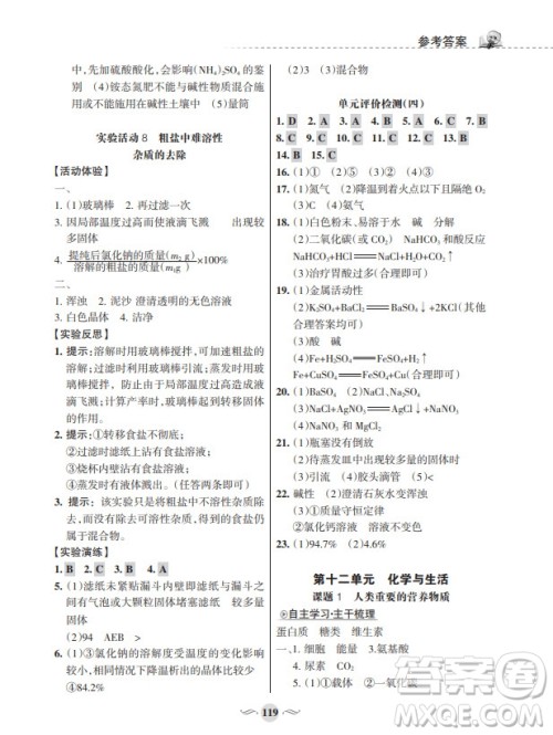 甘肃文化出版社2024年春配套综合练习九年级化学下册人教版参考答案 甘肃文化出版社2024年春配套综合练习九年级化学下册人教版参考答案