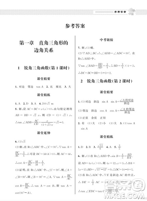 北京师范大学出版社2024年春配套综合练习九年级数学下册北师大版参考答案 北京师范大学出版社2024年春配套综合练习九年级数学下册北师大版参考答案