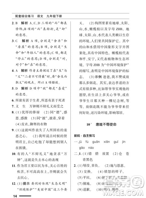 北京师范大学出版社2024年春配套综合练习九年级语文下册人教版参考答案 北京师范大学出版社2024年春配套综合练习九年级语文下册人教版参考答案