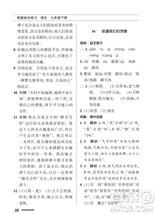 北京师范大学出版社2024年春配套综合练习九年级语文下册人教版参考答案 北京师范大学出版社2024年春配套综合练习九年级语文下册人教版参考答案