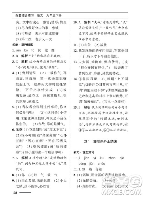 北京师范大学出版社2024年春配套综合练习九年级语文下册人教版参考答案 北京师范大学出版社2024年春配套综合练习九年级语文下册人教版参考答案
