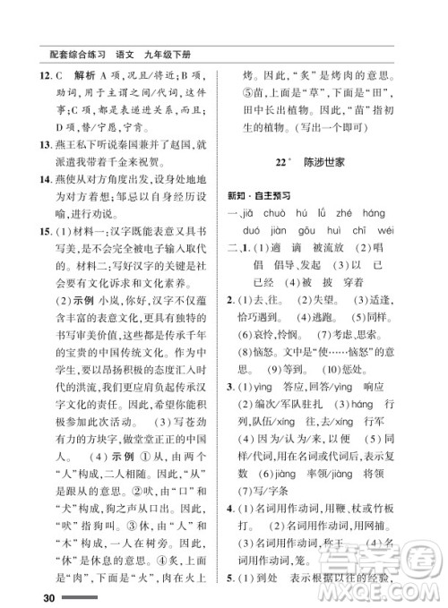 北京师范大学出版社2024年春配套综合练习九年级语文下册人教版参考答案 北京师范大学出版社2024年春配套综合练习九年级语文下册人教版参考答案