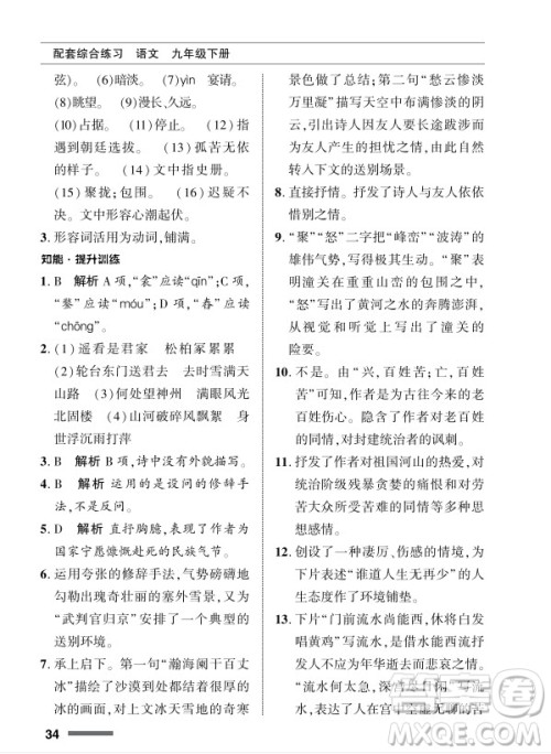 北京师范大学出版社2024年春配套综合练习九年级语文下册人教版参考答案 北京师范大学出版社2024年春配套综合练习九年级语文下册人教版参考答案