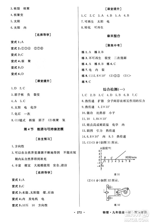 人民教育出版社2024年春同步导学与优化训练九年级物理下册人教版答案