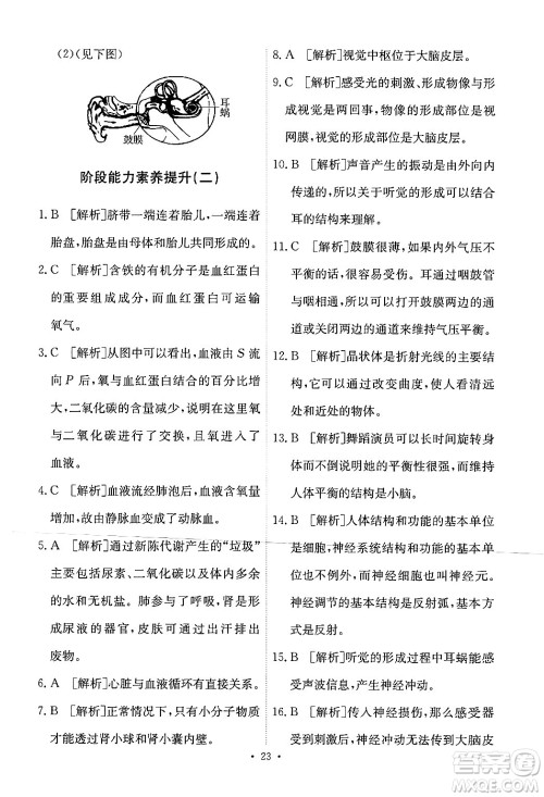 人民教育出版社2024年春能力培养与测试七年级生物下册人教版新疆专版答案