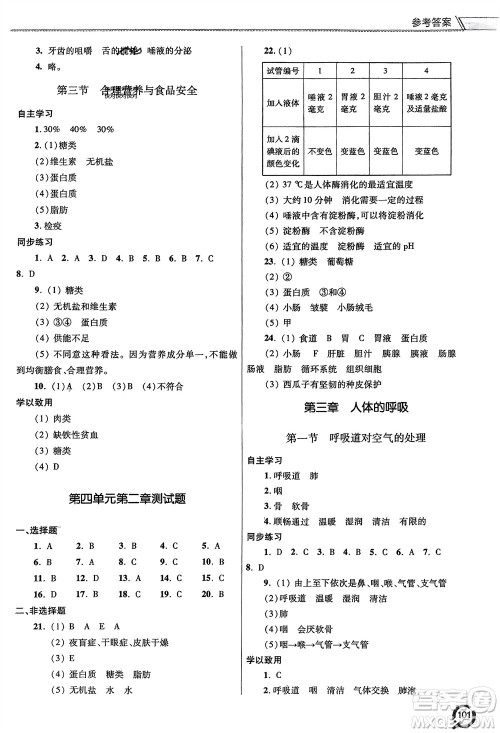 青岛出版社2024年春初中同步练习册七年级生物下册六三制学人教版参考答案