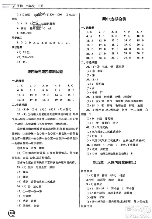青岛出版社2024年春初中同步练习册七年级生物下册六三制学人教版参考答案