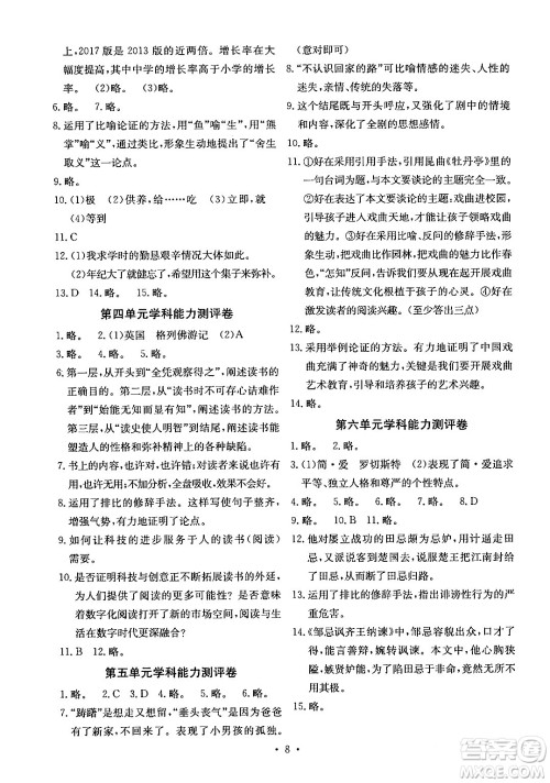 人民教育出版社2024年春能力培养与测试九年级语文下册人教版湖南专版答案 人民教育出版社2024年春能力培养与测试九年级语文下册人教版湖南专版答案