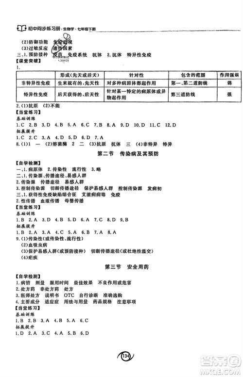 西安出版社2024年春初中同步练习册七年级生物下册济南版参考答案