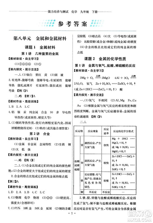 人民教育出版社2024年春能力培养与测试九年级化学下册人教版湖南专版答案