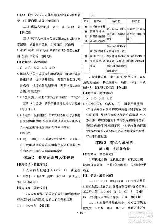 人民教育出版社2024年春能力培养与测试九年级化学下册人教版湖南专版答案