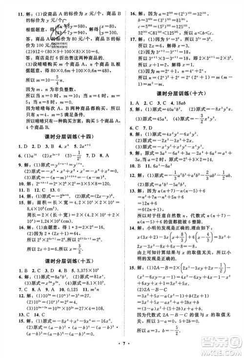 山东教育出版社2024年春初中同步练习册分层卷七年级数学下册通用版参考答案