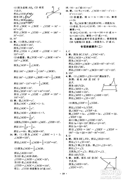 山东教育出版社2024年春初中同步练习册分层卷七年级数学下册通用版参考答案