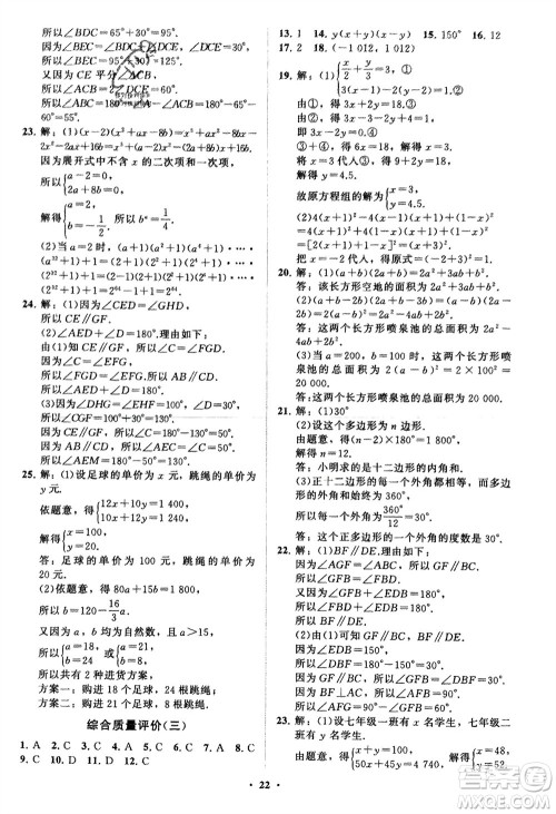 山东教育出版社2024年春初中同步练习册分层卷七年级数学下册通用版参考答案