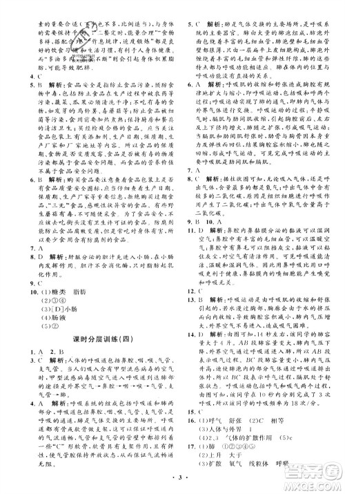 山东教育出版社2024年春初中同步练习册分层卷七年级生物下册通用版参考答案