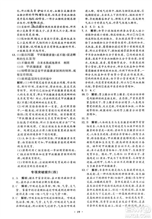 山东教育出版社2024年春初中同步练习册分层卷七年级生物下册通用版参考答案