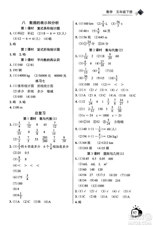 长江少年儿童出版社2024年春长江全能学案同步练习册五年级数学下册北师大版答案