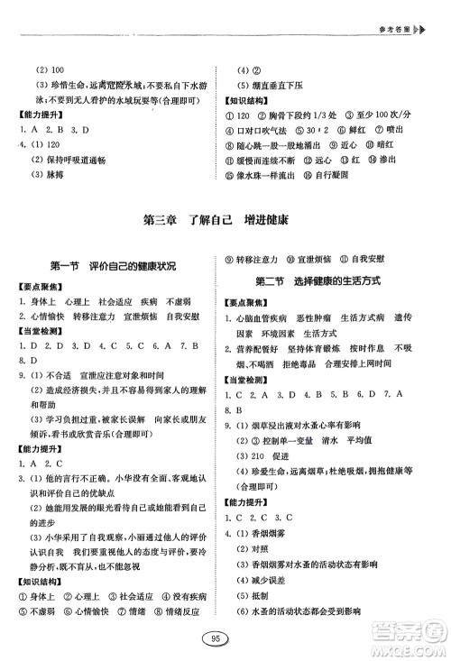 山东科学技术出版社2024年春初中同步练习册分层卷七年级生物下册五四学制鲁科版参考答案