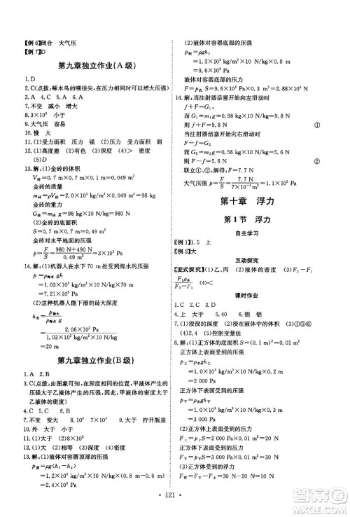 长江少年儿童出版社2024年春长江全能学案同步练习册八年级物理下册人教版答案