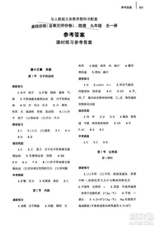 大象出版社2024年春基础训练九年级物理全一册人教版答案