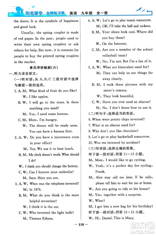 人民教育出版社2024年春阳光课堂金牌练习册九年级英语全一册人教PEP版答案