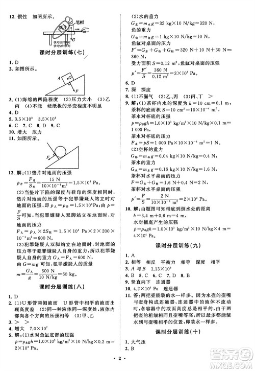 山东教育出版社2024年春初中同步练习册分层卷八年级物理下册五四学制鲁科版参考答案