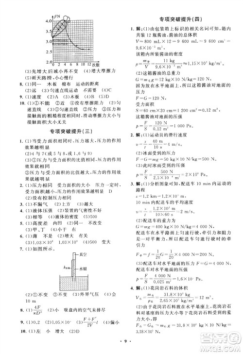 山东教育出版社2024年春初中同步练习册分层卷八年级物理下册五四学制鲁科版参考答案