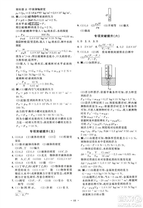 山东教育出版社2024年春初中同步练习册分层卷八年级物理下册五四学制鲁科版参考答案