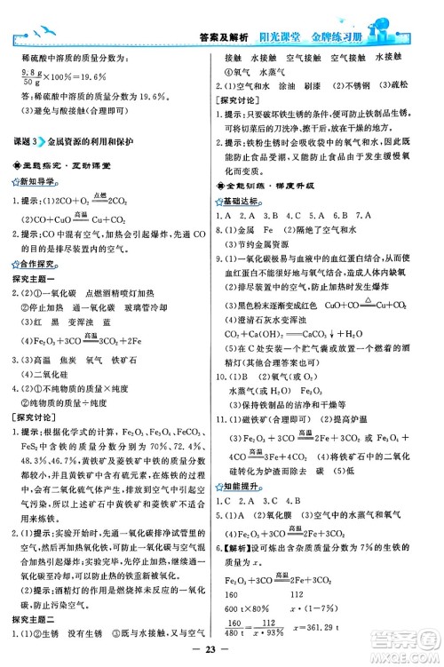 人民教育出版社2024年春阳光课堂金牌练习册九年级化学下册人教版答案