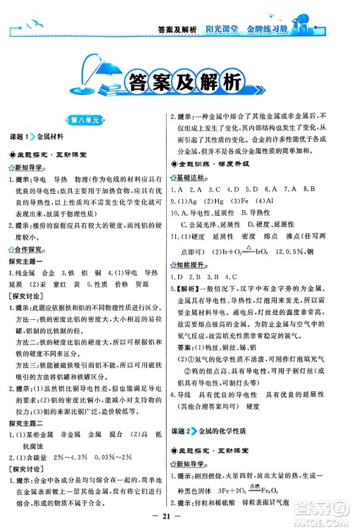 人民教育出版社2024年春阳光课堂金牌练习册九年级化学下册人教版答案