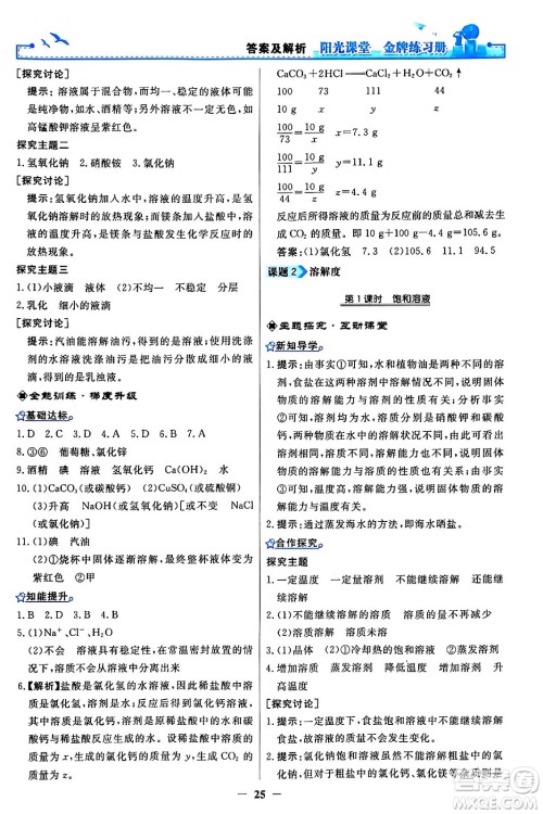 人民教育出版社2024年春阳光课堂金牌练习册九年级化学下册人教版答案