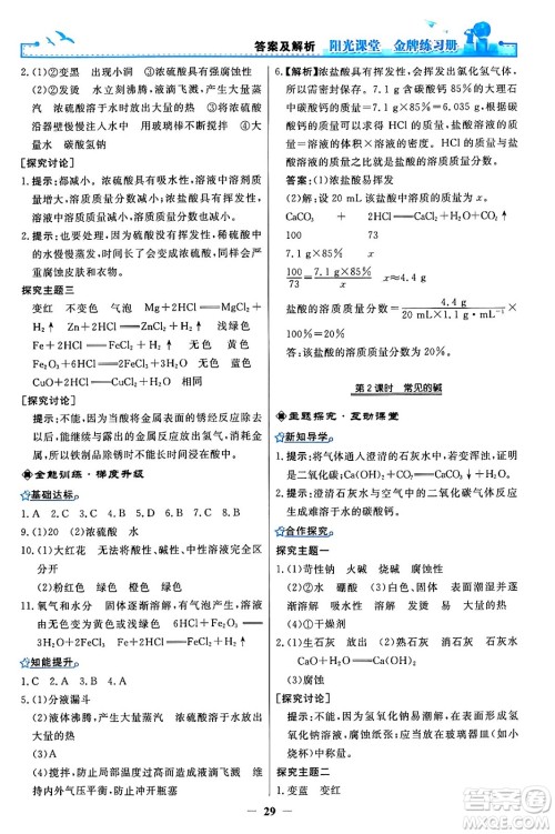 人民教育出版社2024年春阳光课堂金牌练习册九年级化学下册人教版答案