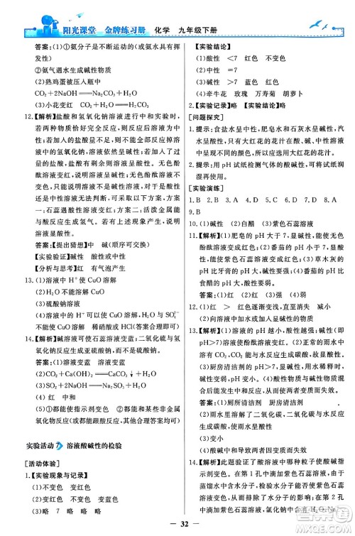 人民教育出版社2024年春阳光课堂金牌练习册九年级化学下册人教版答案