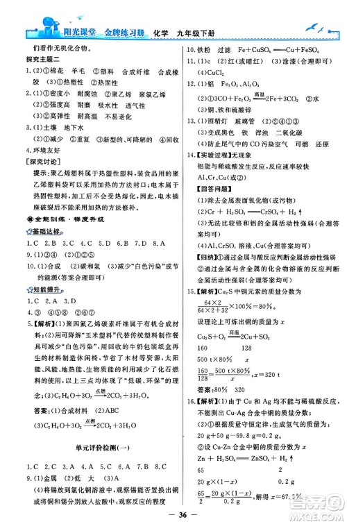 人民教育出版社2024年春阳光课堂金牌练习册九年级化学下册人教版答案 人民教育出版社2024年春阳光课堂金牌练习册九年级化学下册人教版答案