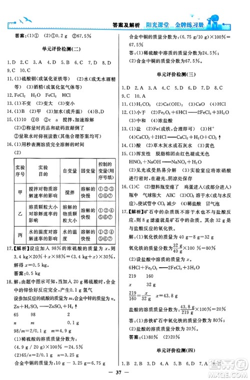 人民教育出版社2024年春阳光课堂金牌练习册九年级化学下册人教版答案