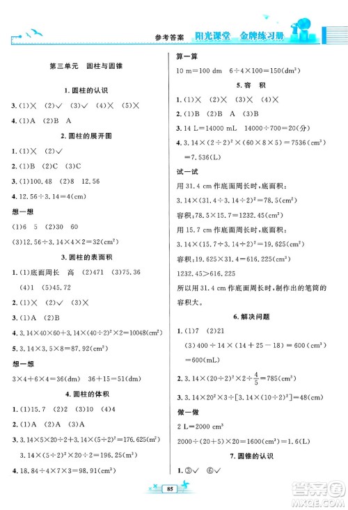 人民教育出版社2024年春阳光课堂金牌练习册六年级数学下册人教版答案