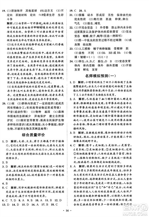 山东教育出版社2024年春初中同步练习册分层卷八年级生物下册五四学制鲁科版参考答案 山东教育出版社2024年春初中同步练习册分层卷八年级生物下册五四学制鲁科版参考答案