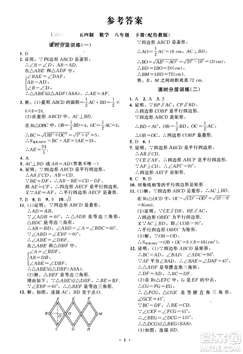 山东教育出版社2024年春初中同步练习册分层卷八年级数学下册五四学制鲁教版参考答案