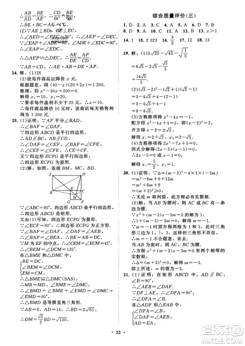 山东教育出版社2024年春初中同步练习册分层卷八年级数学下册五四学制鲁教版参考答案