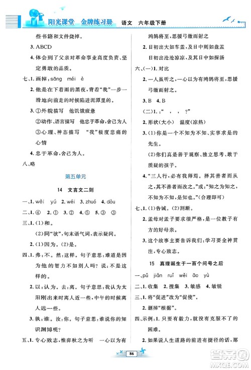 人民教育出版社2024年春阳光课堂金牌练习册六年级语文下册人教版答案