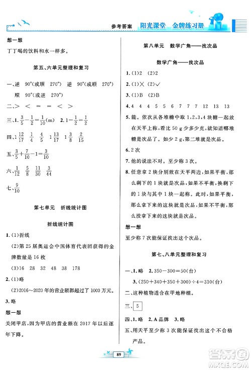 人民教育出版社2024年春阳光课堂金牌练习册五年级数学下册人教版答案