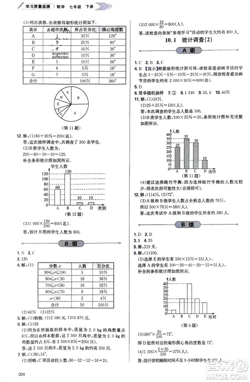 天津教育出版社2024年春学习质量监测七年级数学下册人教版参考答案