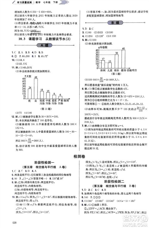 天津教育出版社2024年春学习质量监测七年级数学下册人教版参考答案