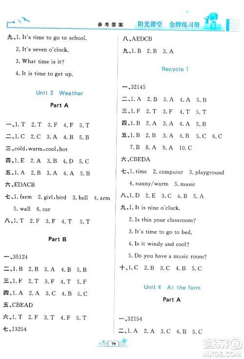 人民教育出版社2024年春阳光课堂金牌练习册四年级英语下册人教版答案