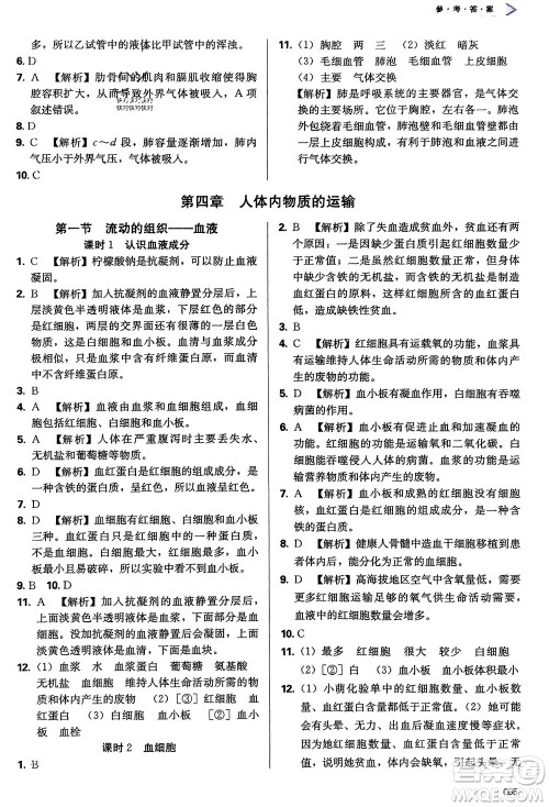 天津教育出版社2024年春学习质量监测七年级生物下册人教版参考答案