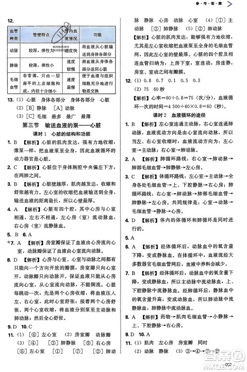 天津教育出版社2024年春学习质量监测七年级生物下册人教版参考答案