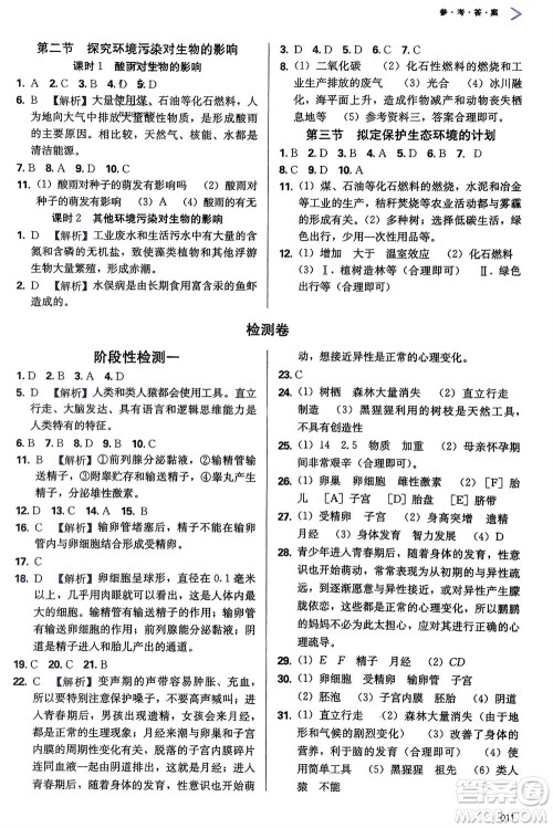 天津教育出版社2024年春学习质量监测七年级生物下册人教版参考答案